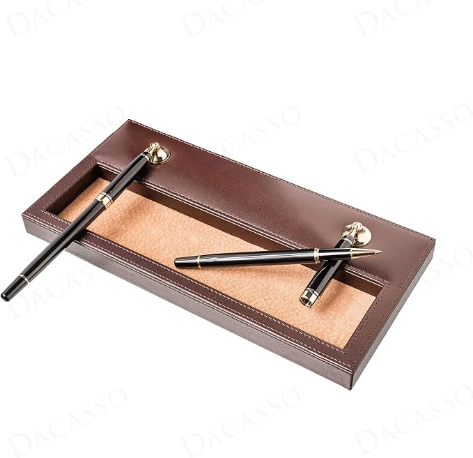 Dacasso Chocolate Brown Leather Double Pen Stand w/Gold Accents - Luxury Executive Decor and Office Desk Surface Protector