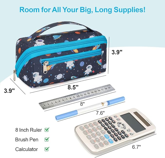 Large Pencil Case for Boys - Aesthetic Pencil Pouch for School | Kids Pencil Case & Wide Handle, Water Resistent Organizer Box, Fits 50 Pens & Markers, Daily Use, Dark Blue Space Astronaut