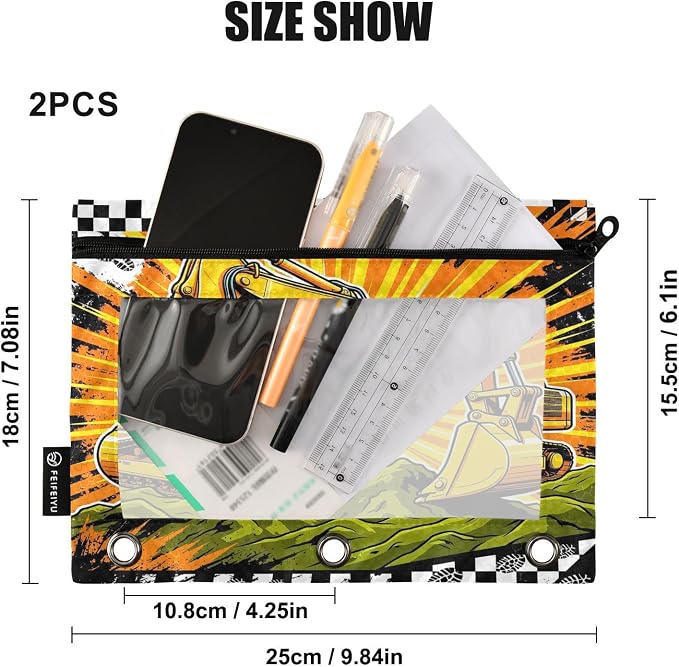Gredecor 3 Ring Binder Pencil Pouch, Yellow Excavator Pop Zippered Pen Case Pouches with Clear Window, 2 Pack Stylish Office & School Supplie