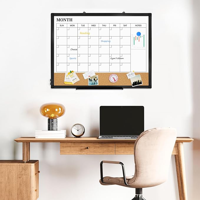 Monthly Dry Erase Calendar Whiteboard with Corkboard, 24" x 18", Black | Magnetic, White Board Cork Board Combo, Double Sided, Wall Mounted, Aluminum Frame, for Home, Office, Kitchen, Dorm