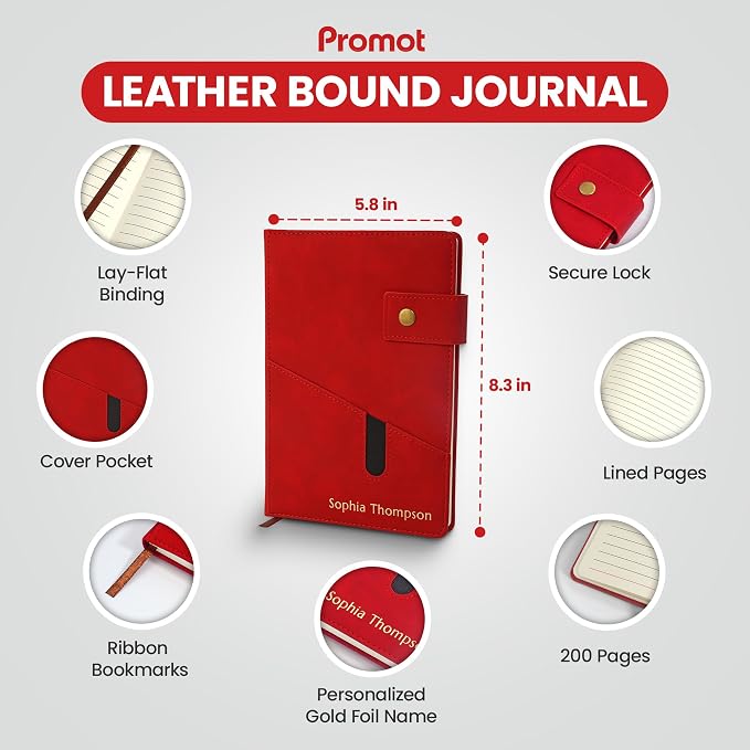 Promot Personalized Notebook - A5 Lined Leather PU Journal Notebook (Red) | Premium Leather-Look Cover, Smooth Lined Writing Pages, Durable Everyday Design, Elegant Professional Appearance