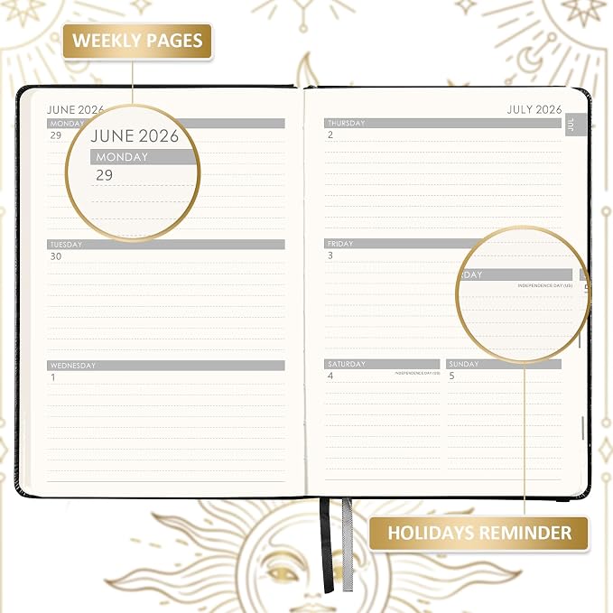Planner 2026-2027 - Academic Planner 2026-2027, July 2026 - June 2027, 5.75" x 8.25", 2026-27 Weekly and Monthly Planner, Faux Leather planner 26-27 with Back Pocket & 40 Notes Pages - The Sun