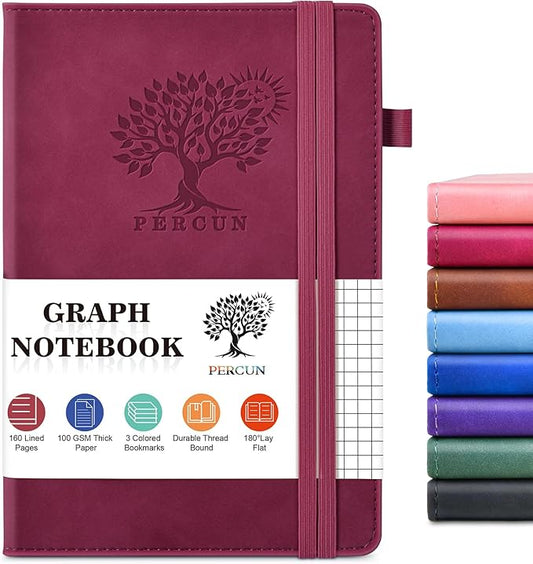 PERCUN A5 Graph Paper Notebook, Leather Journal, 160 Pages Grid Notebook | 5.9"x8.5" hardcover journal with quad ruled paper for work, school, writing, notes, journaling and daily planning.