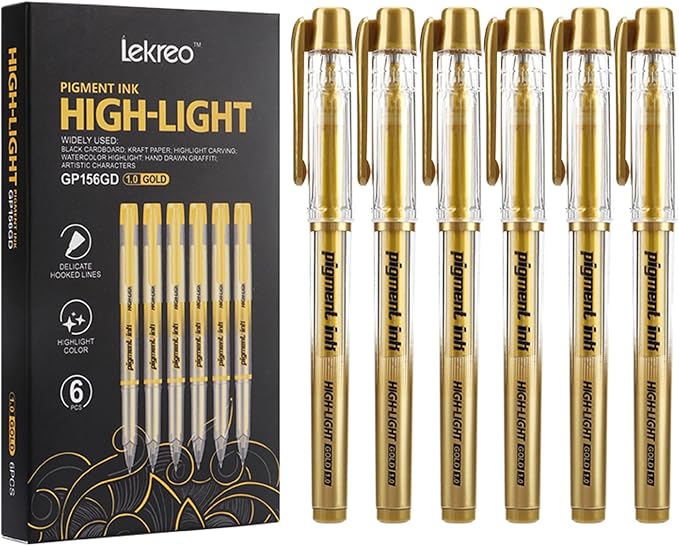Gold Silver White Ink Gel Pens, 1mm Medium Fine Point, Opaque archival Ink Pen for Dark Paper Drawing,Sketching, Illustration, Card Making, Bullet Journaling (Gold Ink - 6 Packs)