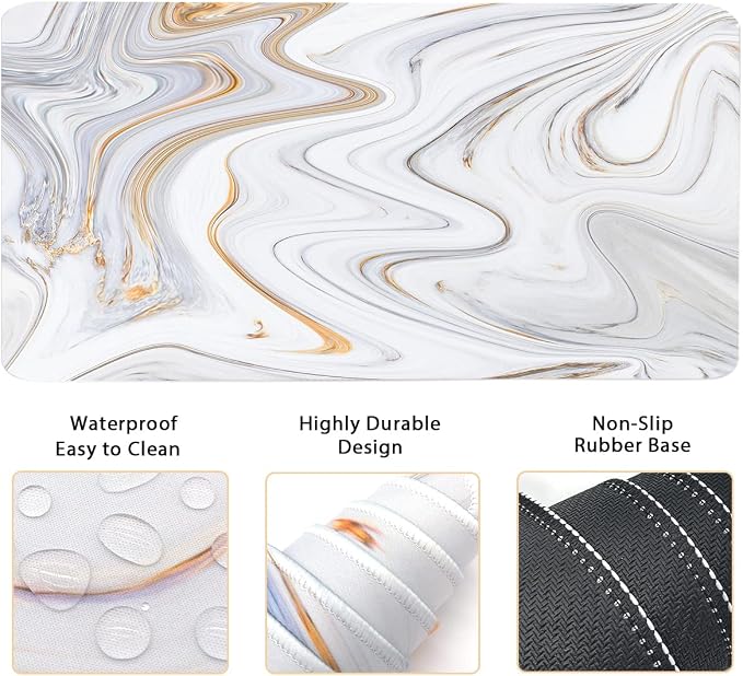 4-in-1 Large Gaming Mouse Pad, Keyboard Wrist Rest Pad & Wrist Support Mousepad Set, Extended Desk Pad Waterproof Desk Mat for Home Office Study Game - White Marble