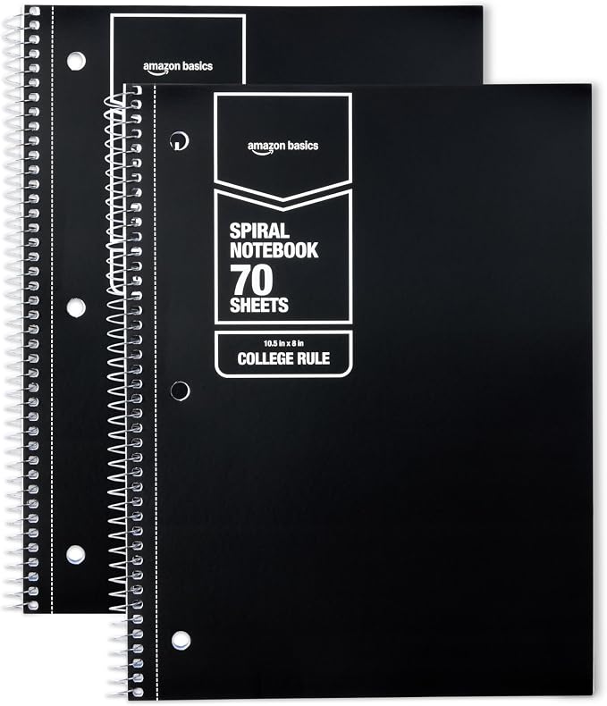 Amazon Basics College Ruled Spiral Notebook, For Work and School, 70 Sheets, 8" x 10.5", Black, 2 pack