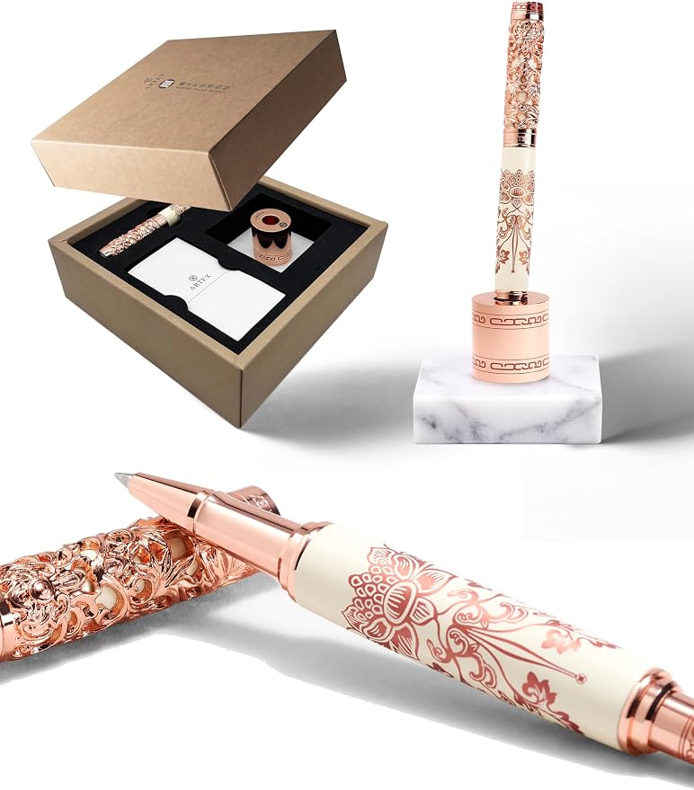 ARTEX Executive Rollerball Pen Sets With Stand-Museum Collections-Crafting Timeless Beauty-Luxury Pen Gift & Office Desk Decor, German SCHMIDT refill, Solid Metal & Marble,Gift for Her
