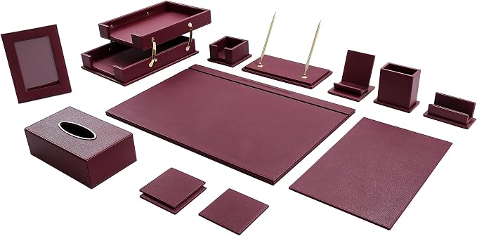 Leather Desk Set,13-Piece Desk Organizer Set, Executive Office Accessories with Desk Pad & Blotter, 2-Tier Tray, Pen Holder & More, Professional Office Desk Decor & Gift Set (Burgundy)