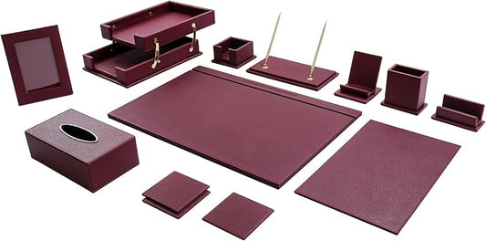 Leather Desk Set,13-Piece Desk Organizer Set, Executive Office Accessories with Desk Pad & Blotter, 2-Tier Tray, Pen Holder & More, Professional Office Desk Decor & Gift Set (Burgundy)