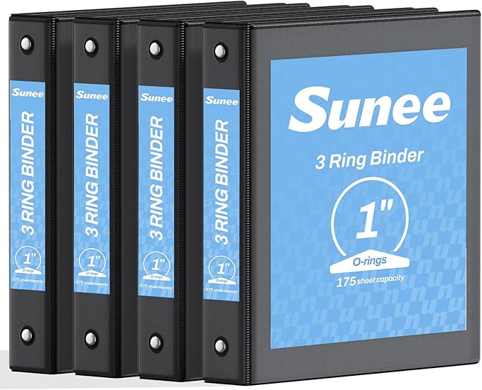SUNEE 1 Inch Binders 3 Ring 4 Pack, PVC-Free Clear View 1" Binders (Fits 8.5x11 Inches) for School, Office & Home Use, Black
