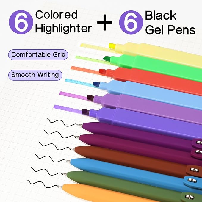 Piochoo Highlighters and Pens Set,6 Pack Highlighters Assorted Colors and 6 Pack 0.5mm Gel Pens Black Ink Smooth Writing for Women Nurse Men School Supplies
