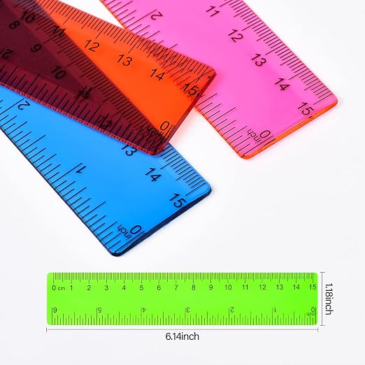 Unjoo Clear Plastic Ruler 6 Inch Straight Rulers, Assorted Colors (8 Pack) | Shatterproof Ruler with Inches and Centimeters, Easy-to-Read Markings, Drafting Ruler for School Classroom, Home, or Office