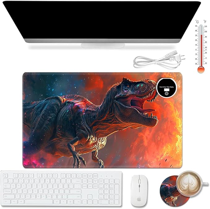Heated Desk Pad Mouse Pad,Heated Desk Mat,with 3 Heating Levels & 3 Hours Auto Shut-Off,Leather 23.6"*14.2" Gaming Mouse Laptop Mat,Foot Warmer,Dinosaur Glitter Sunset