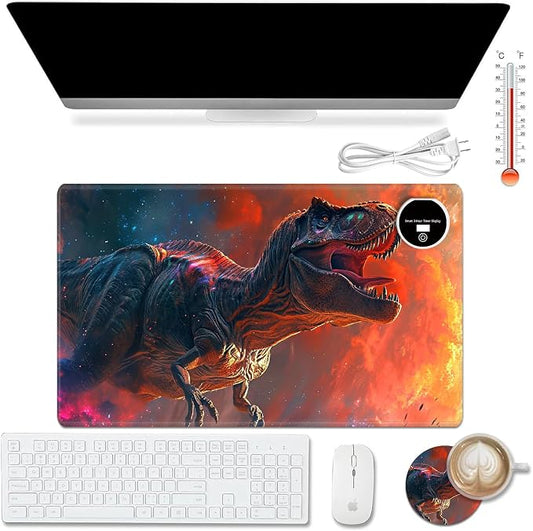 Heated Desk Pad Mouse Pad,Heated Desk Mat,with 3 Heating Levels & 3 Hours Auto Shut-Off,Leather 23.6"*14.2" Gaming Mouse Laptop Mat,Foot Warmer,Dinosaur Glitter Sunset