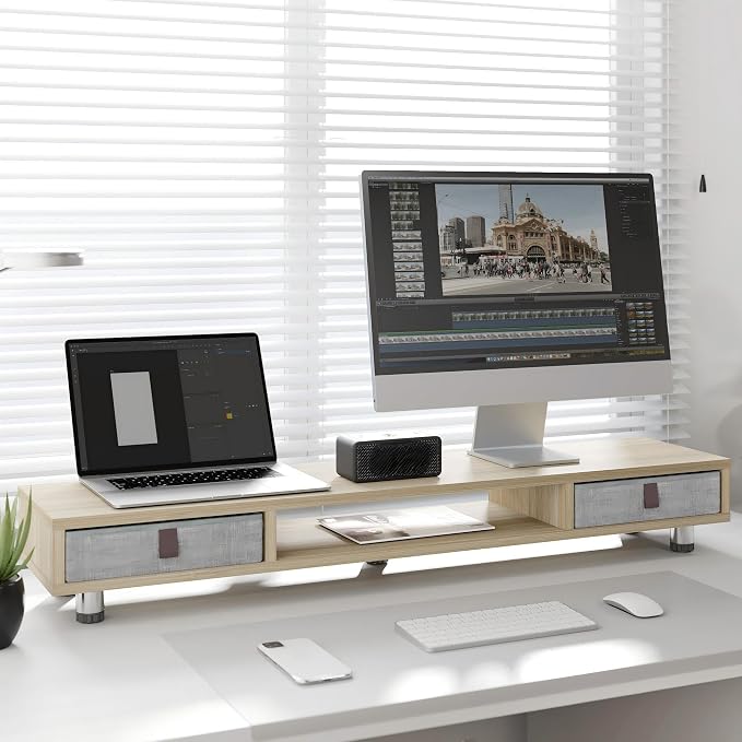 Fenge Dual Monitor Stand, 2-Tier Desk Organizer with Drawers, 42.5in, Oak | Monitor Riser with Storage, Ergonomic Height Adjustable Computer Stand, Desk Shelf for Top of Desk, Laptop, PC, TV