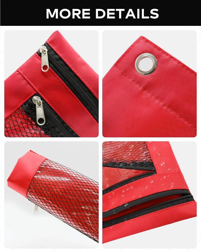 3 Ring Binder Pencil Pouch - Oxford Fabric Pencil Case with 2 Zippered Pockets, Clear Mesh Window Pencil Bag, B5 Size for Office & Travel Supplies (Red)