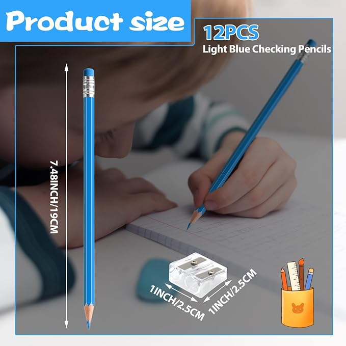 12 PCS Light Blue Pencils with Eraser, Pre-Sharpened HB Pencils for Writing & Drawing, School Supplies for Kids Homework, Tests, Art Crafts & Teacher Grading (Light Blue)