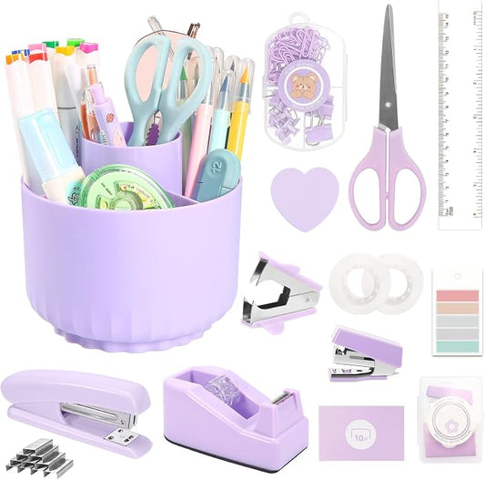VZZNN Purple Office Supplies Set - 12-Piece Desk Organizer with 360° Pen Holder, Tape Dispenser, Stapler, Scissors, Ruler, Staple Remover, 1000 Staples, Tape, Clips, Sticky Tabs & Notes