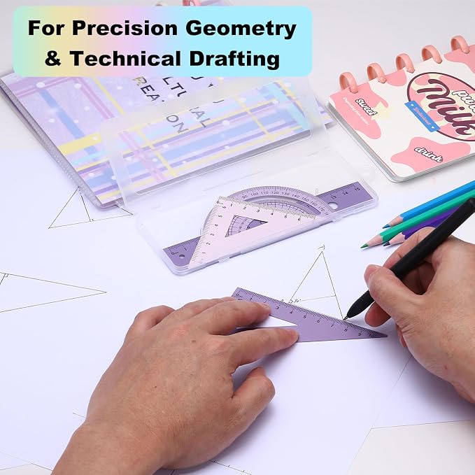 PATIKIL Geometry Set, 8 Inch Aluminum Ruler & 2 Triangles, Metal Protractor Ruler Math Drafting Measuring Tool for Home Office Math Drawing Engineering Art,Gradient Purple