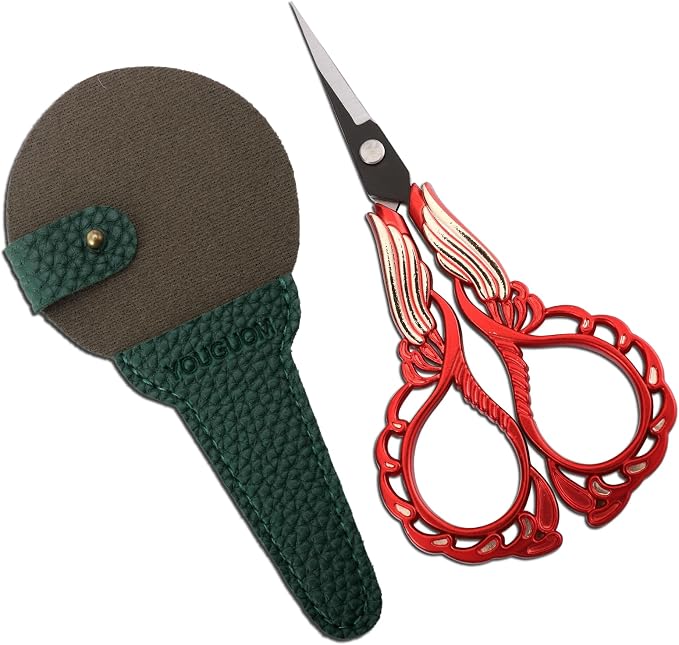 YOUGUOM Small Sewing Scissors, Sharp Detail Shears with Cover | Vintage Little Precision DIY Tool Kit for Crafting, Embroidery, Needlework, Cross Stitch, Thread, Paper Cutting, Red