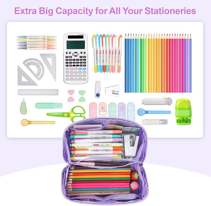 Large Pencil Case for Girls - Aesthetic Pencil Pouch for School | Kids Pencil Case & Wide Handle, Water Resistent Organizer Box, Fits 50 Pens & Markers, Daily Use, Glitter Purple Tie-Die