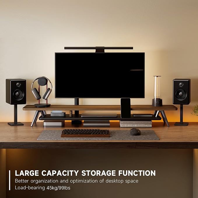 Fenge Dual Monitor Stand, Monitor Stands Riser for 2 monitors, 47.2 Inch Wood Desk Shelf with Storage Organizer and Cable Management for Office Desk Accessories