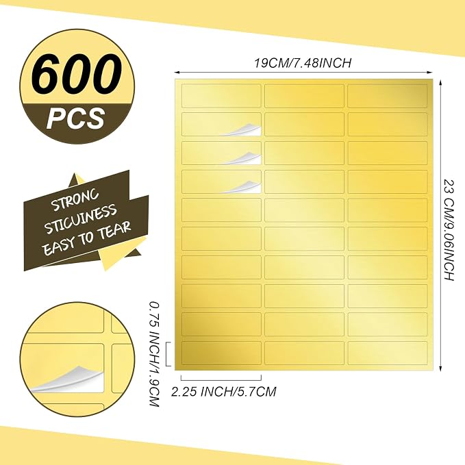 600 Pcs Printable Return Address Labels 0.75 x 2.25 Inch Gold Foil Blank Mailing Labels Personalized Gold Stickers for Envelopes, Mailing, Shipping, and More