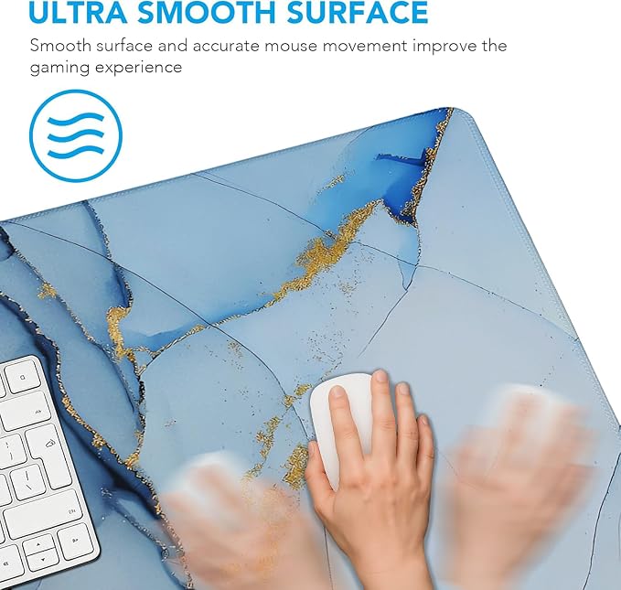 Gaming Mouse Pad, Large Pad with Non-Slip Rubber Base, Waterproof Mousepad with Stitched Edges, XXL Computer Long Keyboard Mouse Mat for Gamer, Office & Home, 31.5" x 15.7", Marble Blue