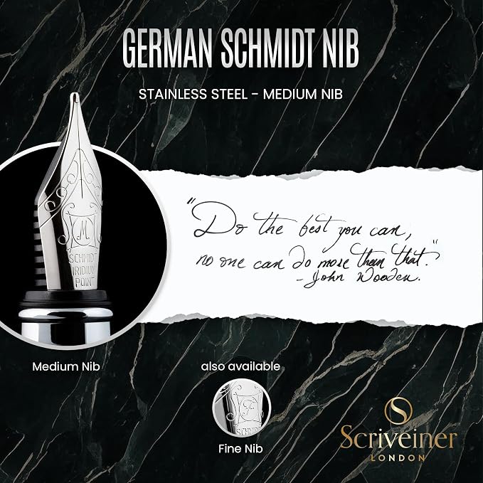 Scriveiner Black Green Fountain Pen - Stunning Luxury Pen with Chrome Finish, Schmidt Nib (Medium), Best Pen Gift Set for Men & Women, Professional, Executive, Office, Nice Pens