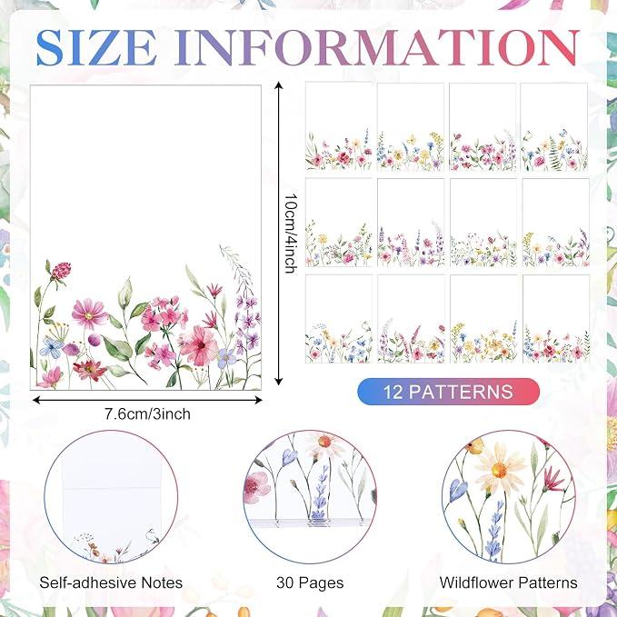 Chiisong 12 Pads Wildflower Sticky Notes Flower Sticky Notes 3 x 4 Inches Floral Notepad Cute Summer Adhesive Memo Reminder Floral Memo Pads Flower Notepads for Women Journal Office Spring Gifts