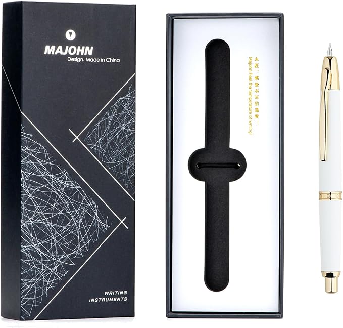 erofa Majohn A1 Press Fountain Pen Fine Nib with Box, Retractable White Metal Ink Pen with Converter Writing Set (Golden Clip Version)