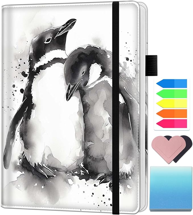 A5 Leather Lined Journal Notebook, 200 Pages Hardcover Executive Notebook for Men Women Office School Note Taking, Thick Writing Paper Daily Journal with Bookmarks/Indexes, Penguin Watercolors