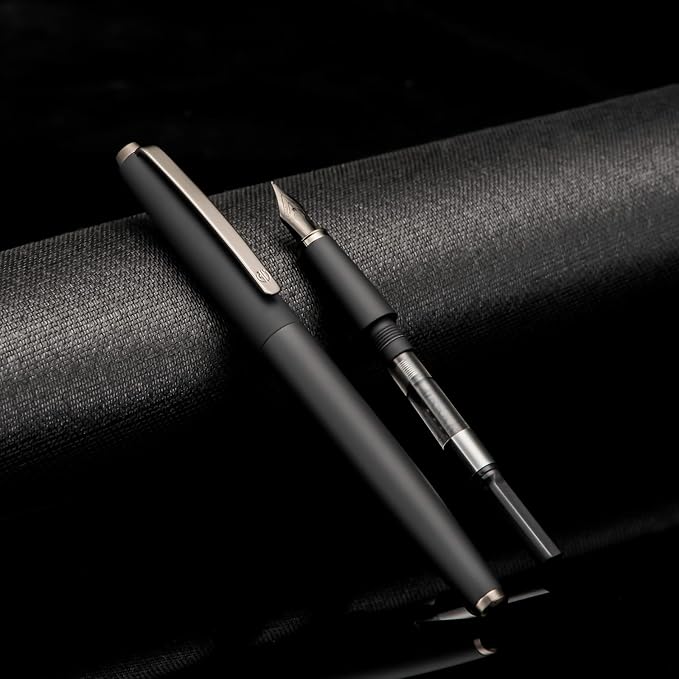 Hongdian 517D Matte Black Fountain Pen Extra Fine Nib, Warrior Series, Classic Design with Converter and Metal Box