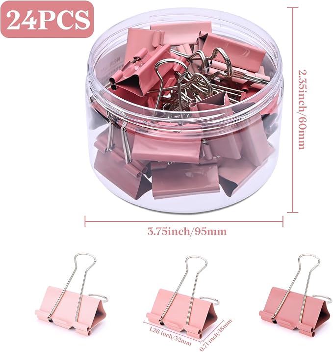 Temiary Aesthetic Binder Clips, Medium Metal Binder Clip with Clear Storage Container, Binding Paperwork Clamps for School Teachers Office Supplies (Pink 1.26 Inch, 24P)