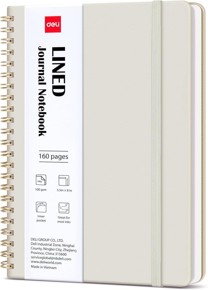 deli Beige Lined Spiral Journal Notebook, 160 Pages, A5 (5.5"x8") Hardcover Writing Notebook, College Ruled Spiral Bound Journal for Women & Men - Perfect for Work, School, Office & Note Taking