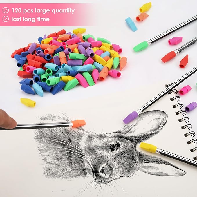 YISAN Cap Erasers for Pencils, 120 PCS | Pencil Top Erasers, 8 Assorted Colors, 71310