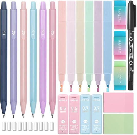XKDOUS 23PCS Aesthetic School Supplies, Mechanical Pencils 0.5 & 0.7mm with 240 Lead Refills, Pastel Highlighters, Transparent Sticky Notes Stationary Set for Planning, Journaling and Back to School