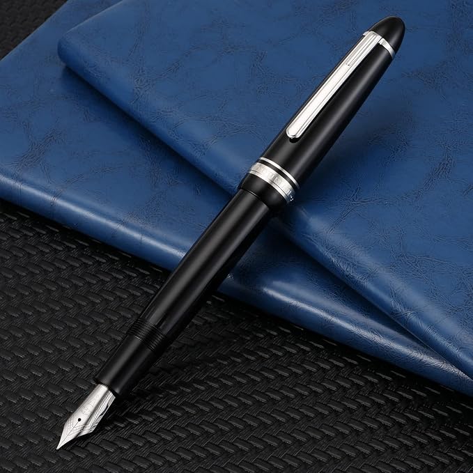 erofa Majohn P136 Piston Fountain Pen 1.1mm Stub Nib with Box, Black Resin Writing Pen Set