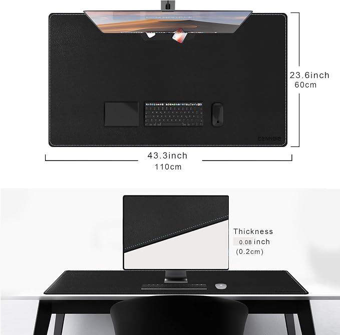 CENNBIE Leather Desk Mat Large, 43.6" x 23.6" Extended Mouse Pad (Black) | Premium stitched edges resist wear. Easy to clean. Protects desk from spills, stains ,scratches. Smooth glide. Office & home.
