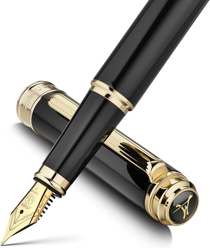 MCNTEIK 317 Fountain Pen,Stunning Luxury Black Piano Lacquer,18K Gilded Nib(Fine),Gorgeous 24K Gold Finish, Ink Converter,Fancy Gift for Men&Women-Elegant,Executive,Office,Nice Pens for Writing