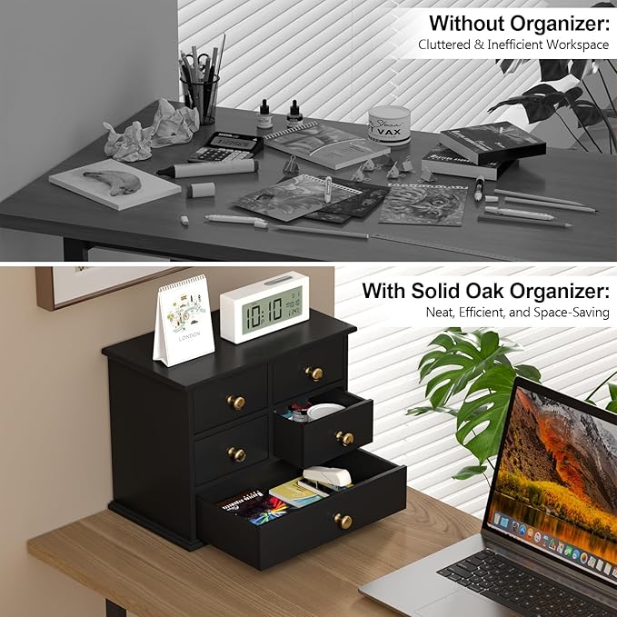 Oak Desk Organizer with Drawers, Durable Wooden Desktop Storage Box | 5 Drawer Tabletop Organizer with Metal Handles & Non-Slip Pads for Office, Bedroom, Bathroom, Vanity & Makeup Storage, Black
