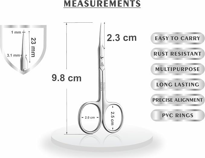 SILLVER Cuticle Scissors Extra Fine Curved, Super Slim Small Scissors with Precise Pointed Tip, Beard, Eyelash, Mustache, Dry Skin - Manicure Scissors