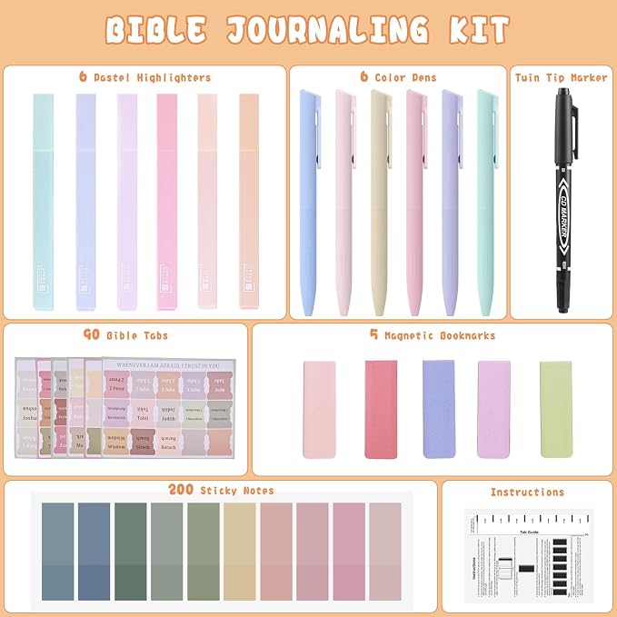 Bible Journaling Kit, Bible Study Supplies Set for Women & Men | Includes 6 No Bleed Bible Highlighters, 6 Pens, 90 Laminated Bible Tabs, Magnetic Bookmarks & Sticky Notes