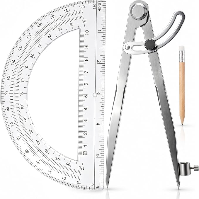 Zonon Professional 8 Inch Large Compass with Wing for Woodworking and 6 Inch Protractor Set, Pencil Compass for Geometry Math Carpenter, Drafting, Drawing Tool (Clear)