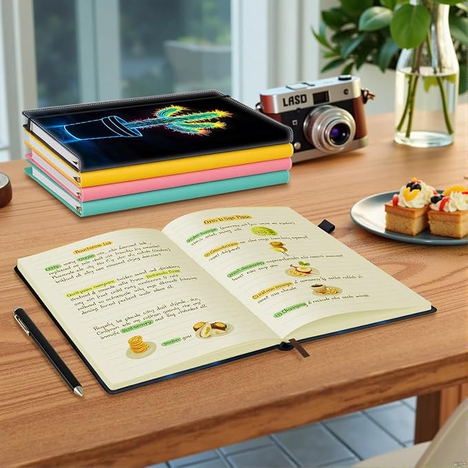 Hardcover Executive Notebooks, A5 PU Leather Lined Journal Notebook, 200 Pages Thick Paper Subject Notebooks for School,Work,Home Writing Business Notebook, Diary Book ，Neon Small Cactus