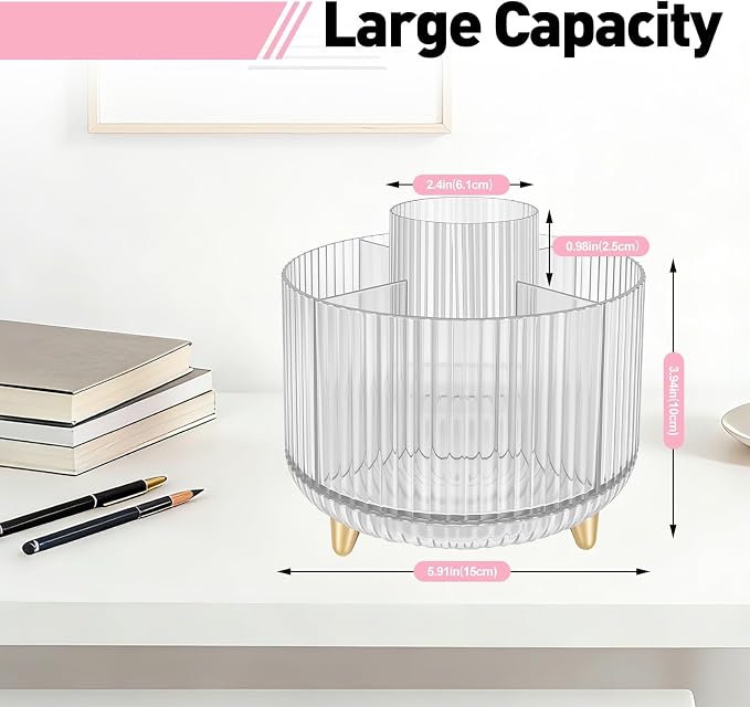 360 Rotating Pen Pencil Holder for Desk, Pen Organizer with 5 Slots, Makeup Brush Holder, Desk Organizer and Accessories, Cute Pencil Cup Caddy for Office School Home Decor Art Supply (Clear)
