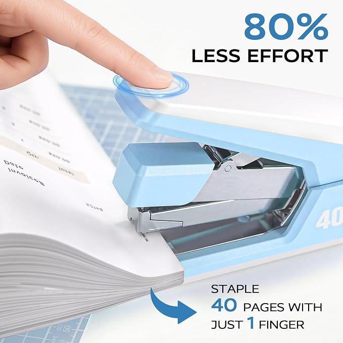Marsrock Effortless Stapler for Desk with 40-50 Sheet Capacity, 2000 Staples, 1-Touch Stapling, Ergonomic & Easy to Load Desktop Staplers, Heavy Duty Stapler, and Magnetic Staple Remover, Blue