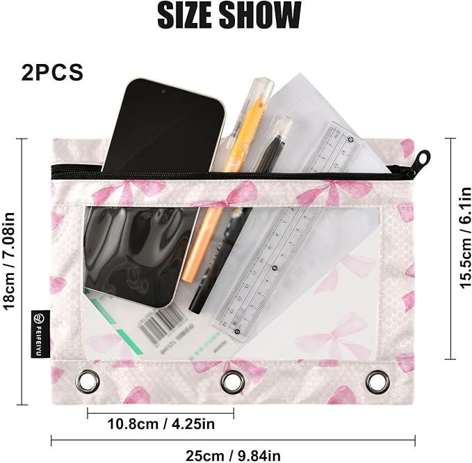 Pink Bow Pencil Pouch Fits Standard 3-Ring Binders, Zipper Binder Pencil Bag with Clear Window for Office 2 Pack