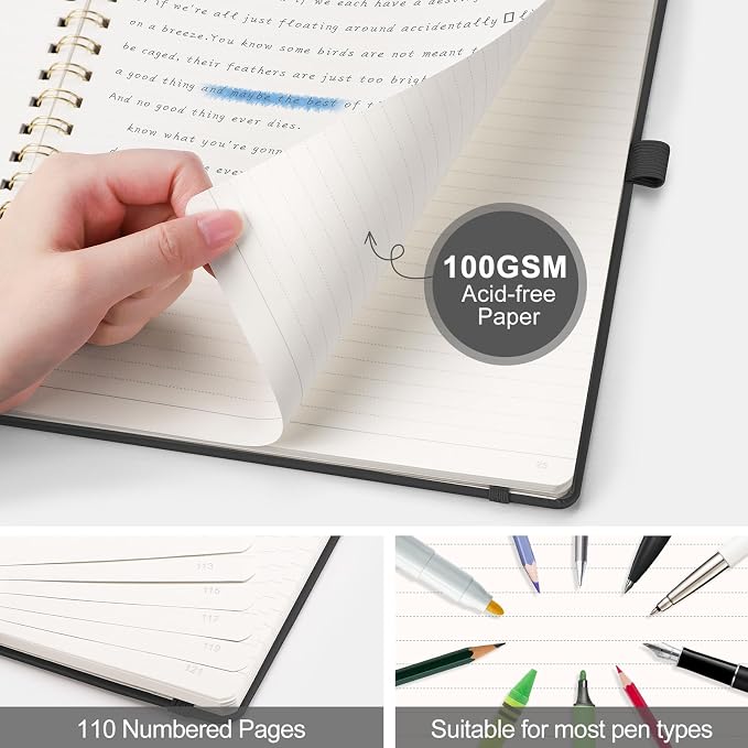AHGXG Lined Spiral Journal Notebook, 110 Pages, A4 (8.5" x 11") | Journals for Women, Hardcover Leather Notebook College Ruled, 100 GSM Paper, for Work School Note Taking (Black)