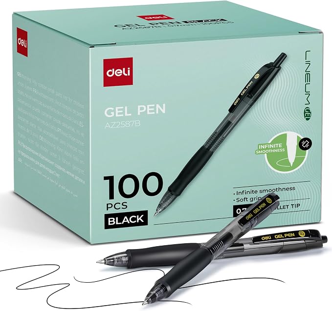 deli Pens Bulk, 100 Pcs Retractable Gel Pens Medium Point 0.7mm, Smooth Writing with Fast Dry Black Ink, No Bleed, Comfort Grip & Pocket Clip for School, Office, Home Supplies